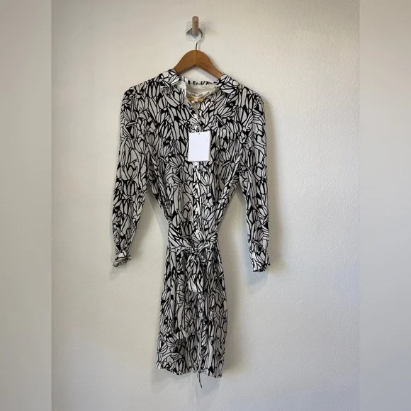Diane Von Furstenberg Prita Silk Shirt Dress Ivory Black Floral Size 2 NWT